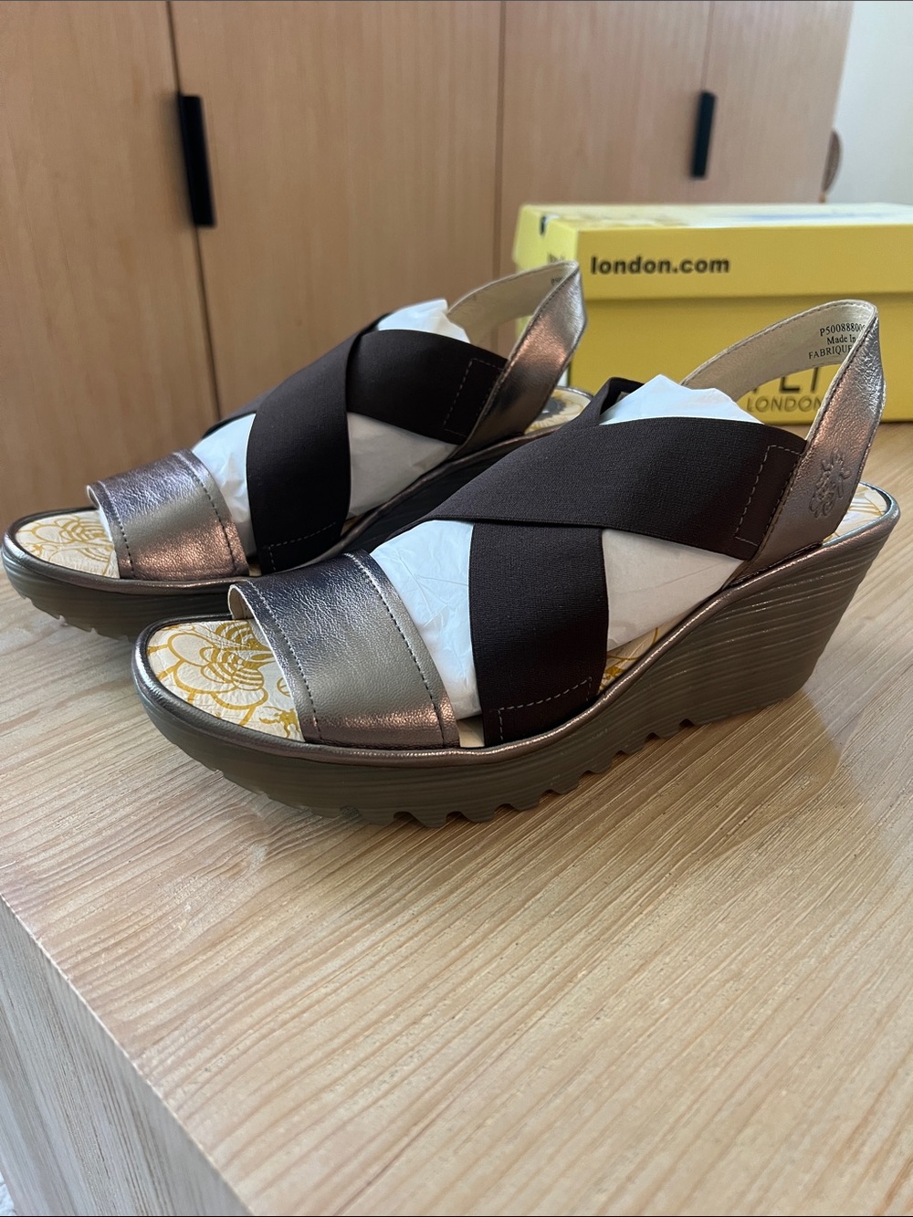 Fly London Silver and Bronze Idra Crisscross Wedge Sandals